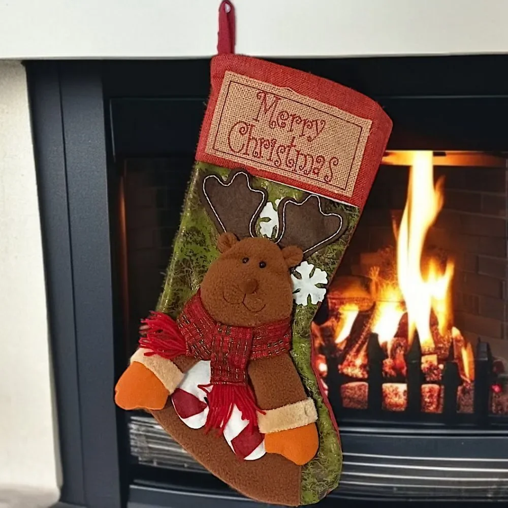 Reindeer‎ Moose Christmas Stocking Plush Folk Art Cabin Rustic Farmhouse Holiday
